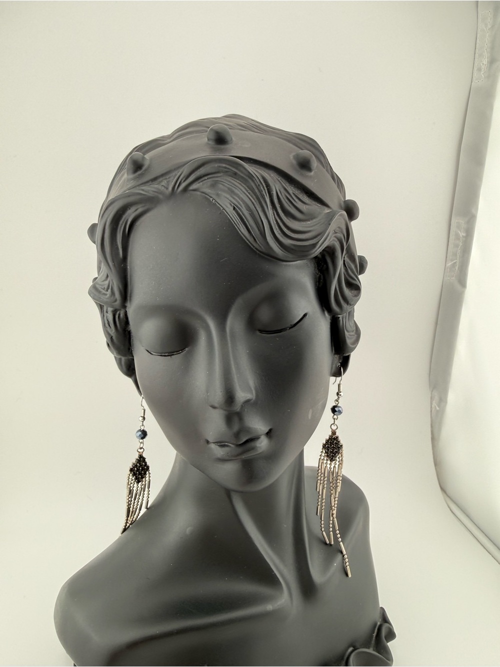 Silver Beaded Fringe Earrings with Dark blue glass beads